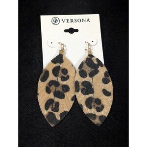 Versona Cheetah Print Faux Fur Animal‎ Brown Black Dangle Pierced Earrings Boho